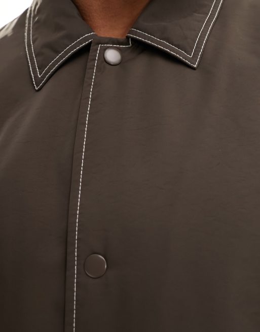 ASOS DESIGN oversized cropped coach jacket in brown with contrast stitch