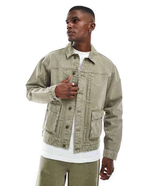 ASOS DESIGN boxy harrington jacket in khaki denim - part of a set - view 1