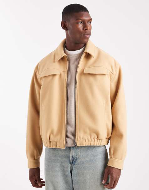 ASOS DESIGN boxy harrington jacket in wool look in camel - view 1