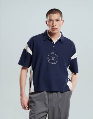 Asos Design Boxy Heavyweight 230gsm Waffle Texture Oversized Polo With Paneling And Chest Print In Navy