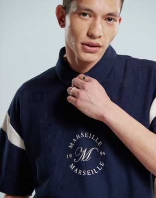 Asos Design Boxy Heavyweight 230gsm Waffle Texture Oversized Polo With Paneling And Chest Print In Navy