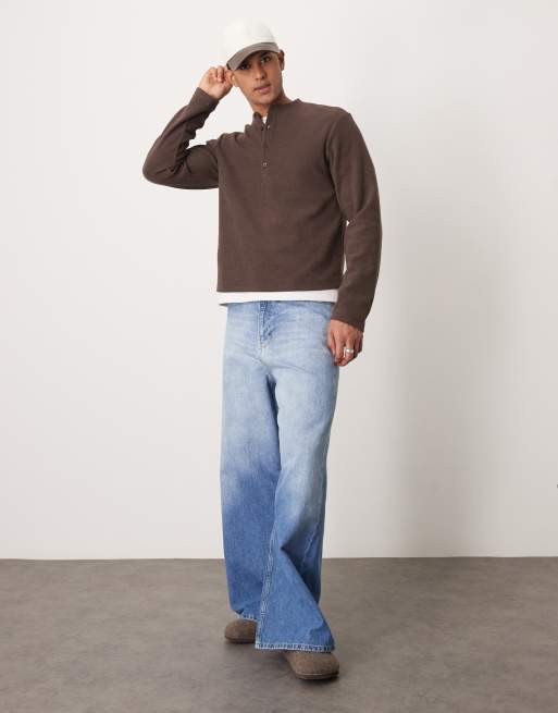 ASOS DESIGN boxy heavyweight rib henley sweater in dark brown, 2 of 4