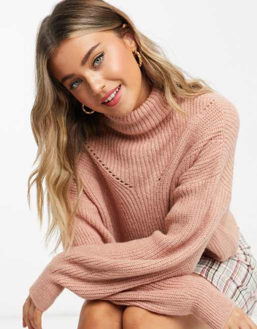 Asos Design Boxy High Neck Sweater In Dusky Pink Asos