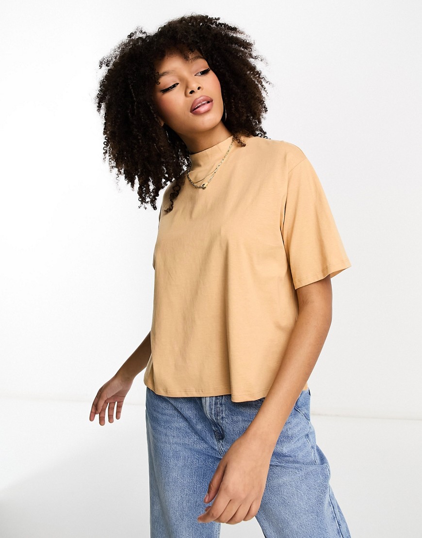 ASOS DESIGN boxy high neck T-shirt in biscuit-Neutral