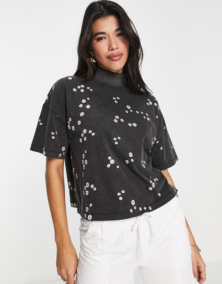 ASOS DESIGN boxy high neck tee in daisy embroidery in washed charcoal-Grey