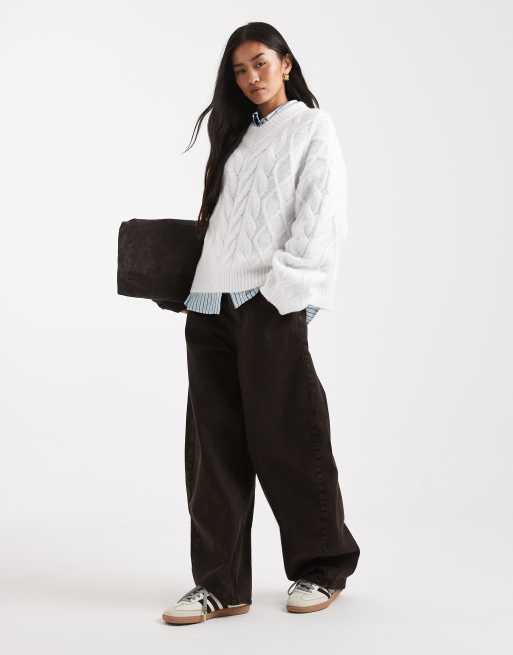 ASOS DESIGN boxy high v cable jumper in cream, 2 of 4
