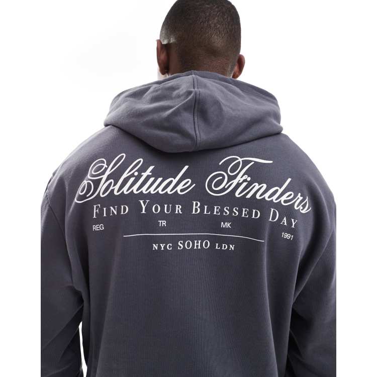 ASOS DESIGN boxy hoodie with back print in charcoal