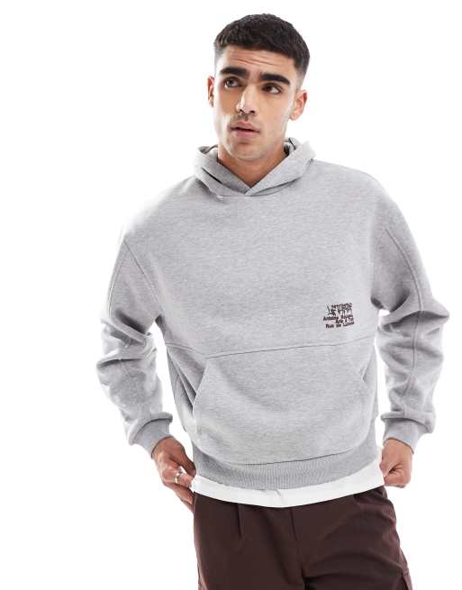ASOS DESIGN boxy hoodie with seam detail and graffiti print in grey marl, 2 of 4