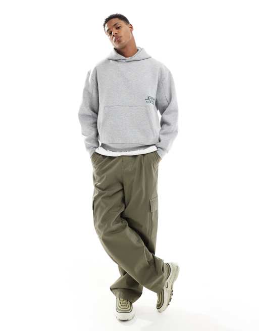 ASOS DESIGN boxy hoodie with seam details and prints in grey marl, 4 of 4