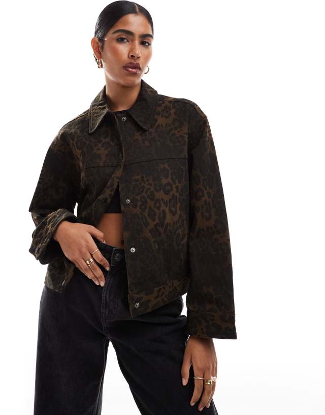 ASOS DESIGN boxy jacket with contrast stitch in leopard print Military Coats Black Velvet Coat