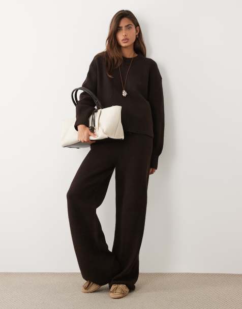 ASOS DESIGN boxy jumper with side split detail & wide leg trouser co-ord in chocolate - view 1