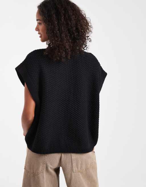 ASOS DESIGN boxy knit stitch vest with button detail in black