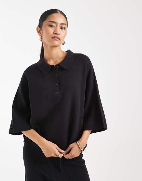 ASOS DESIGN boxy knitted polo in black (part of a set) - view 1