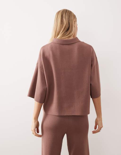 ASOS DESIGN boxy knitted polo in mocha (part of a set), 3 of 4