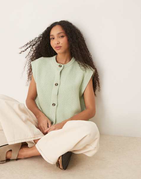 ASOS DESIGN boxy knitted stitch waistcoat with button detail in pistachio - view 1