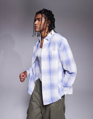 Asos Design Boxy Linen Blend Regular Shirt With Patch Pocket In Blue