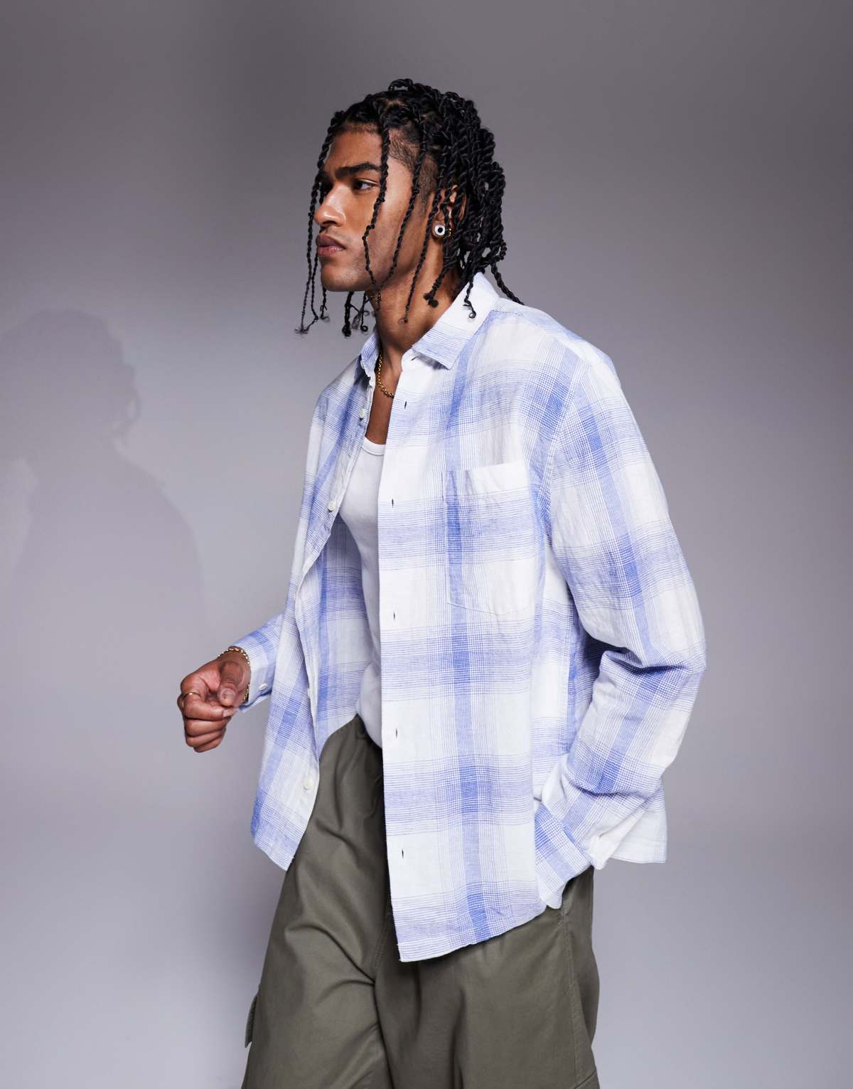 ASOS DESIGN boxy linen blend regular shirt with patch pocket in blue and white
