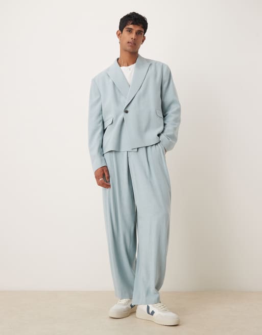 ASOS DESIGN boxy linen blend suit jacket in light blue
