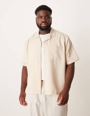 Asos Design Boxy Linen Look Regular Fit Shirt In Neutral