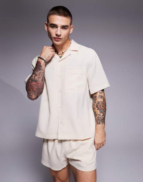 ASOS DESIGN boxy linen look regular shirt in stone - part of a set - view 1