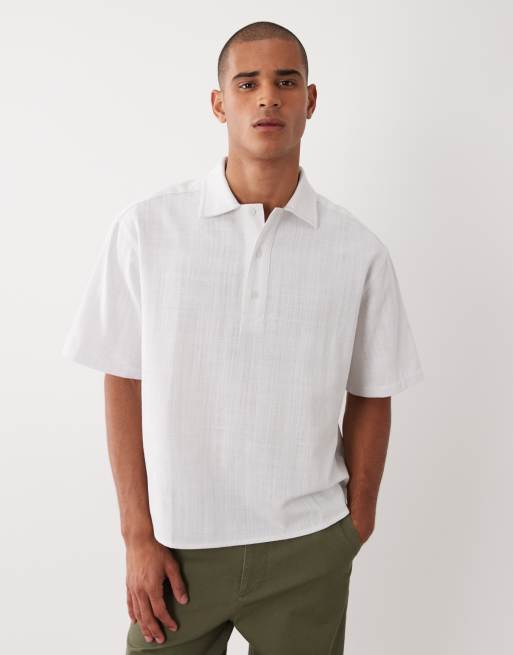 ASOS DESIGN boxy linen look rugby top in white, 3 of 5