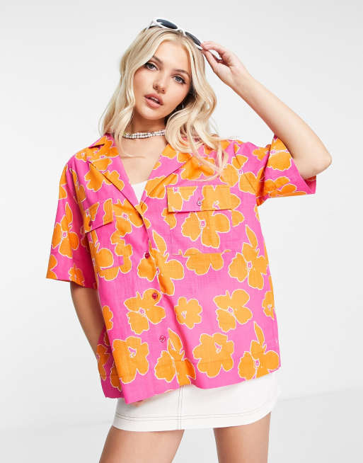 ASOS DESIGN boxy linen mix shirt in bright pink & orange tropical floral print