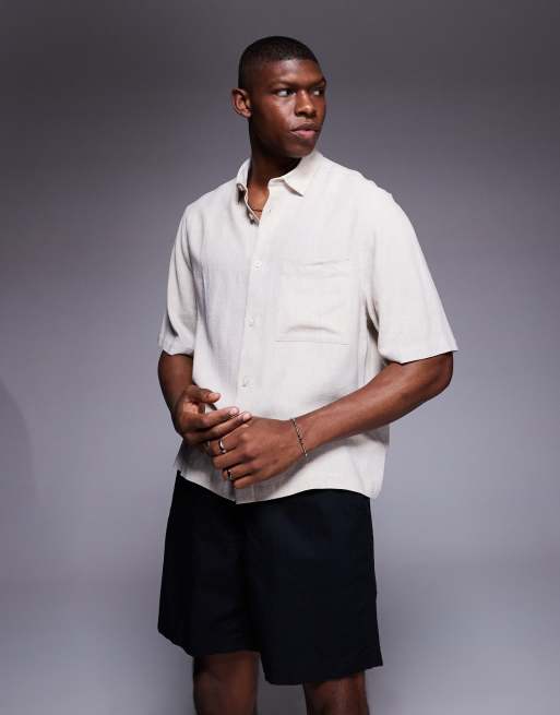 ASOS DESIGN boxy linen mix shirt with patch pocket in stone