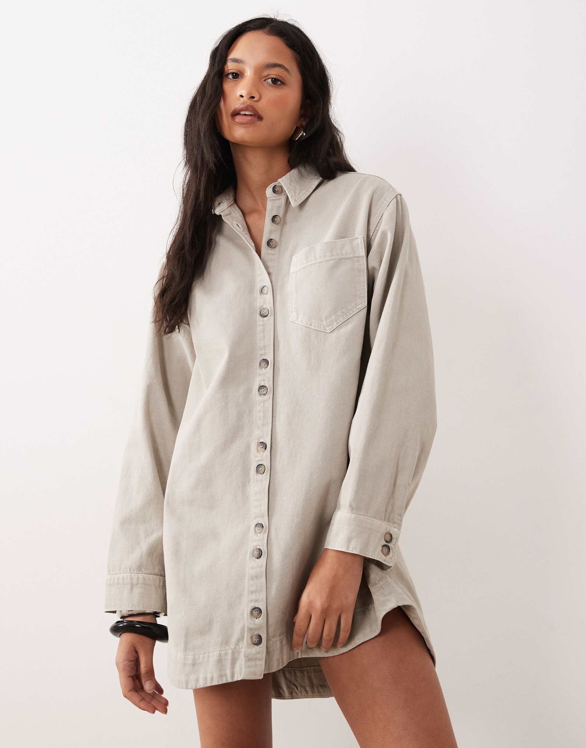 asos design boxy long sleeve shirt dress in neutral heather