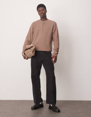 boxy long sleeve t-shirt in brushed rib with henley neck in brown