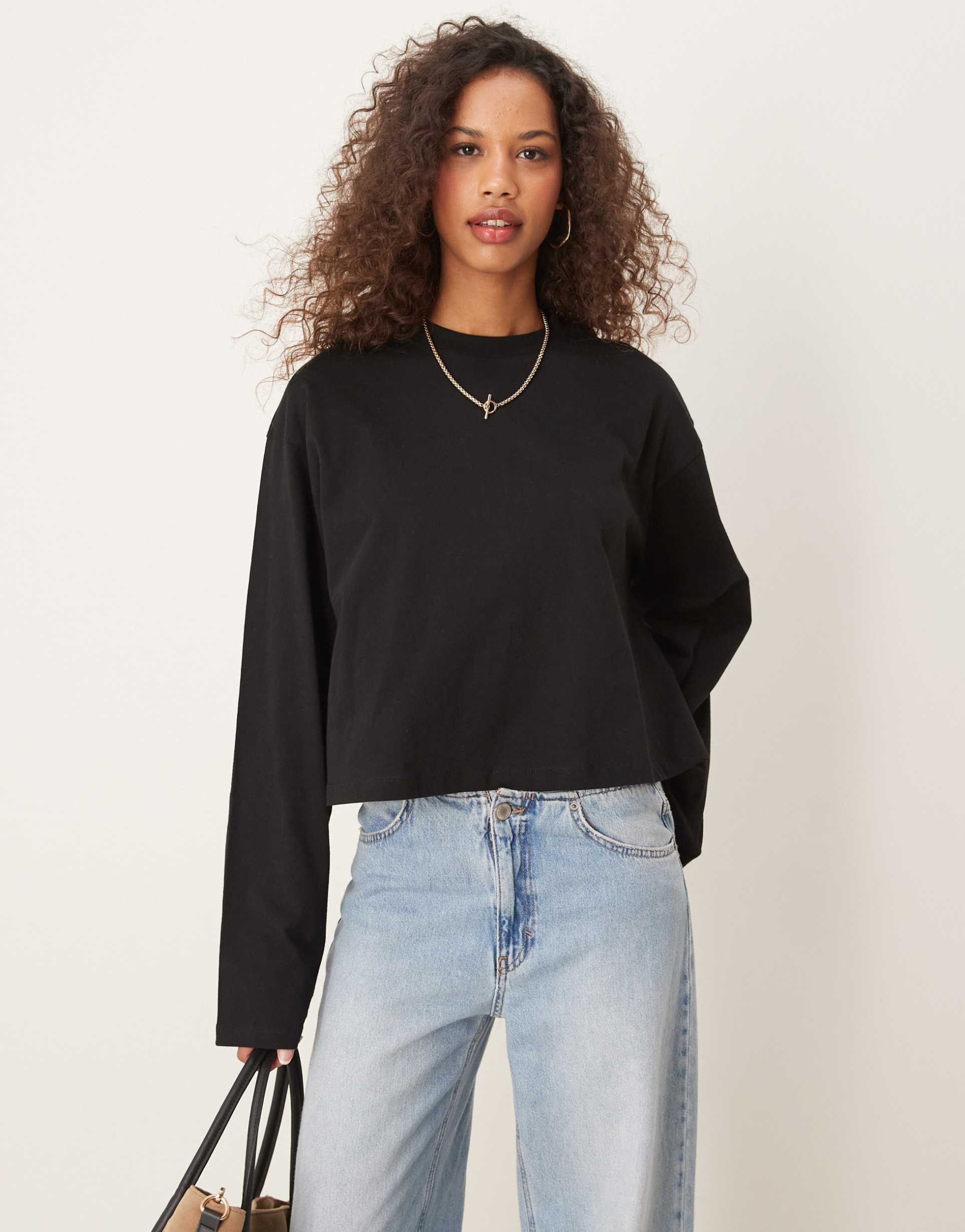 asos design boxy long sleeve tee in black