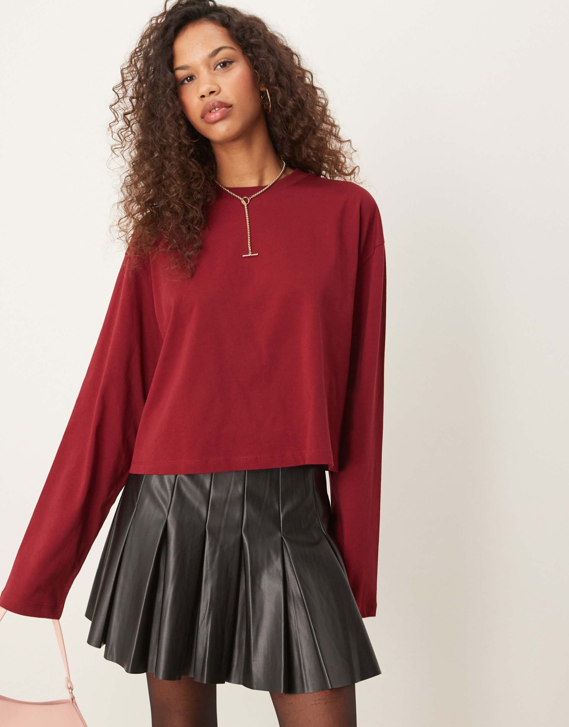 asos design boxy long sleeve tee in burgundy