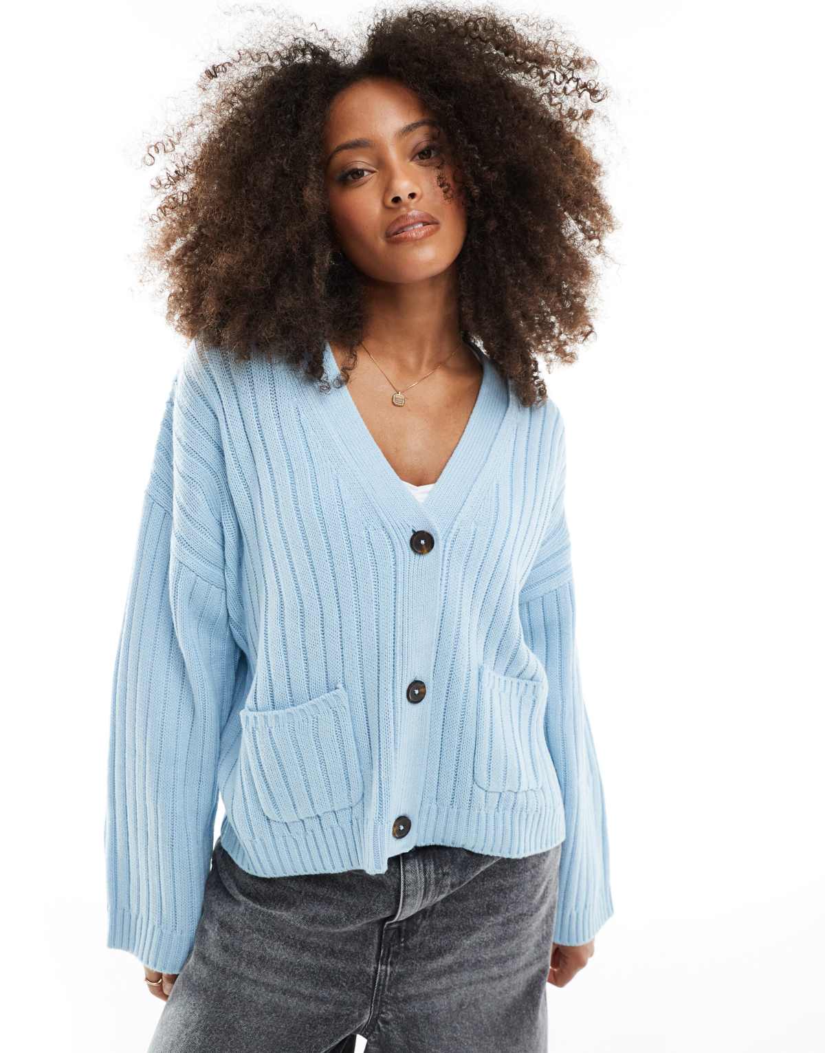 ASOS DESIGN boxy longline cardigan in rib in baby blue