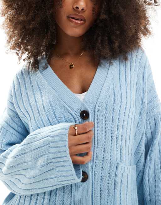 ASOS DESIGN boxy longline cardigan in rib in baby blue, 2 of 4