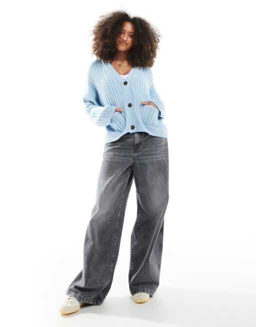 ASOS DESIGN boxy longline cardigan in rib in baby blue, 3 of 4