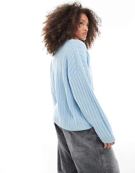 ASOS DESIGN boxy longline cardigan in rib in baby blue, 4 of 4