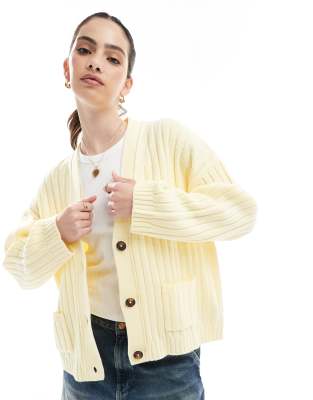 Asos Design Boxy Longline Ribbed Cardigan In Yellow