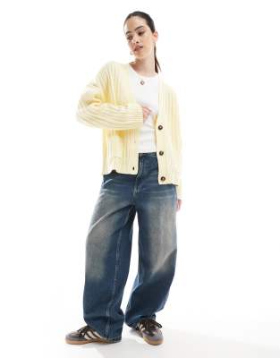 Asos Design Boxy Longline Ribbed Cardigan In Yellow