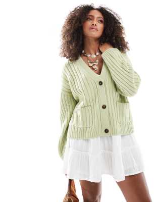 Asos Design Boxy Longline Ribbed Cardigan In Green