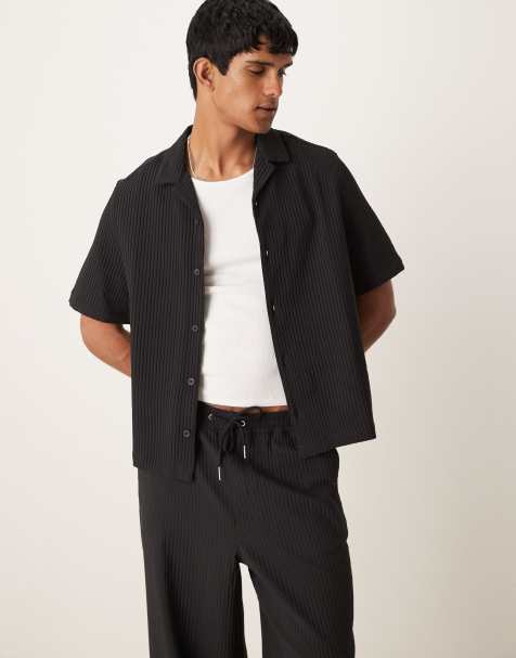 ASOS DESIGN boxy loose fit camp collar plisse shirt in black - part of a set - view 1