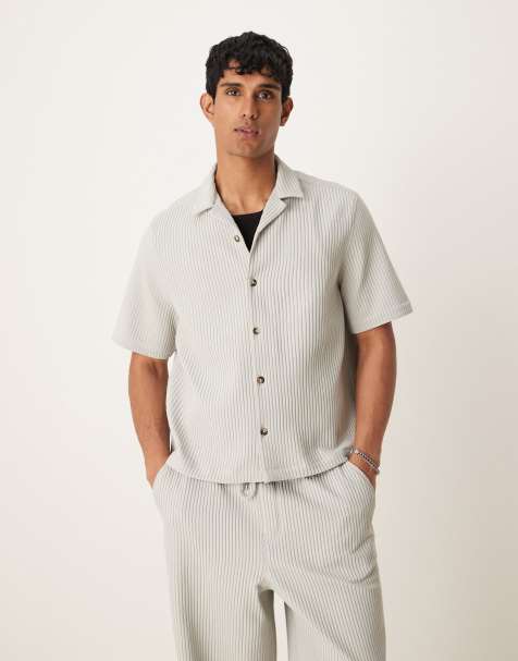ASOS DESIGN boxy loose fit camp collar plisse shirt in gray - part of a set - view 1