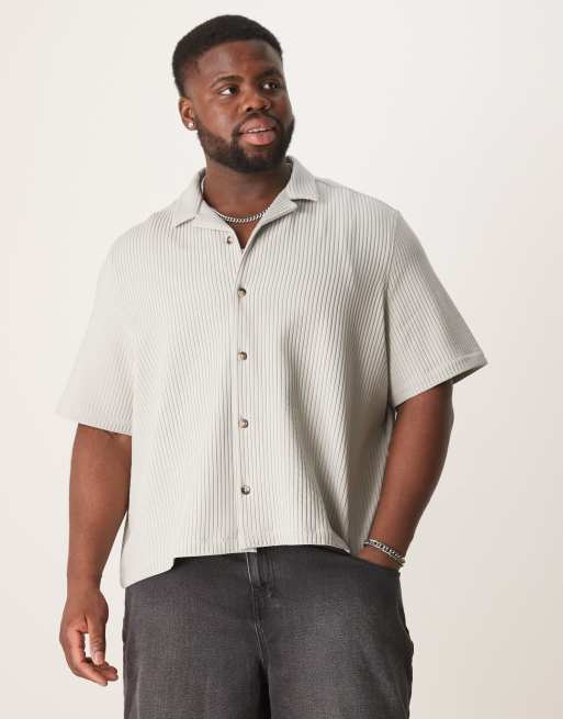 ASOS DESIGN boxy loose fit camp collar plisse shirt in gray - part of a set