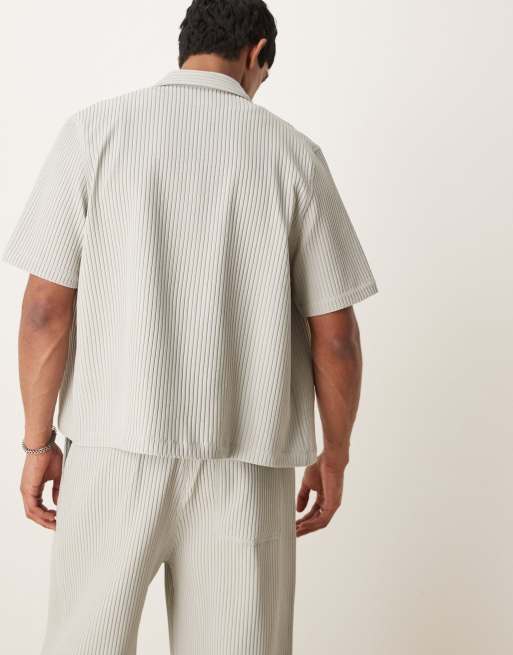 ASOS DESIGN boxy loose fit camp collar plisse shirt in gray - part of a set