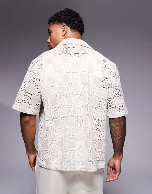 ASOS DESIGN boxy premium relaxed crochet shirt in neutral