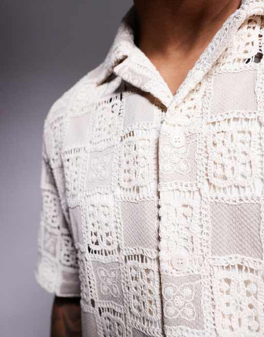 ASOS DESIGN boxy premium relaxed crochet shirt in neutral