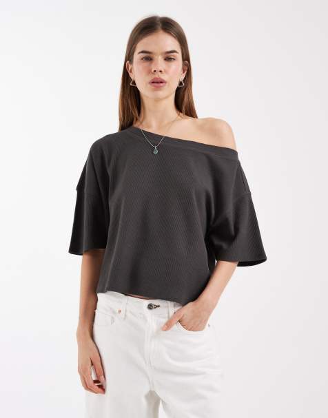 ASOS DESIGN boxy off shoulder waffle t-shirt in charcoal