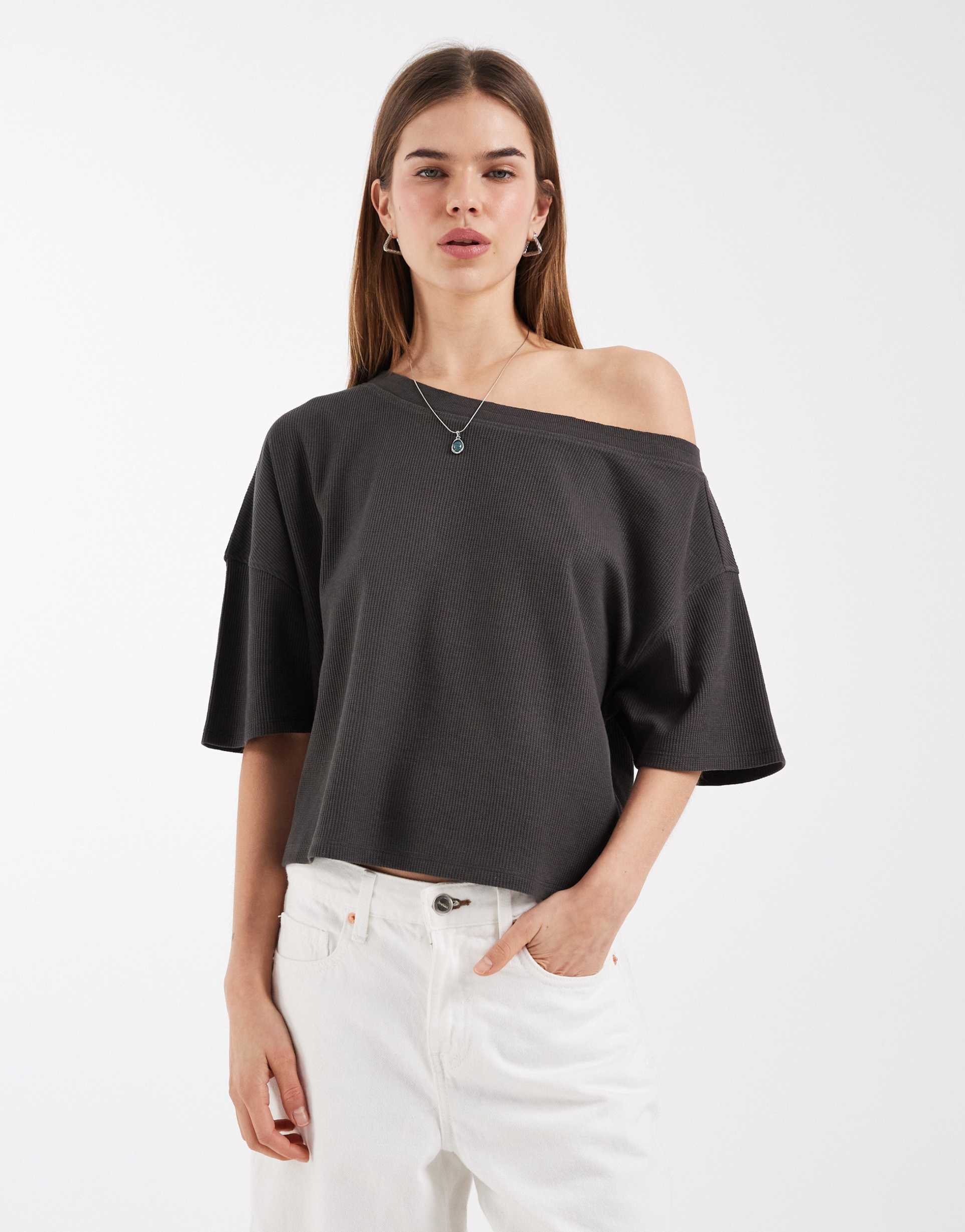 asos design boxy off the shoulder waffle knit t-shirt in charcoal