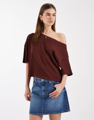 Asos Design Boxy Off The Shoulder Waffle Knit T-shirt In Brown
