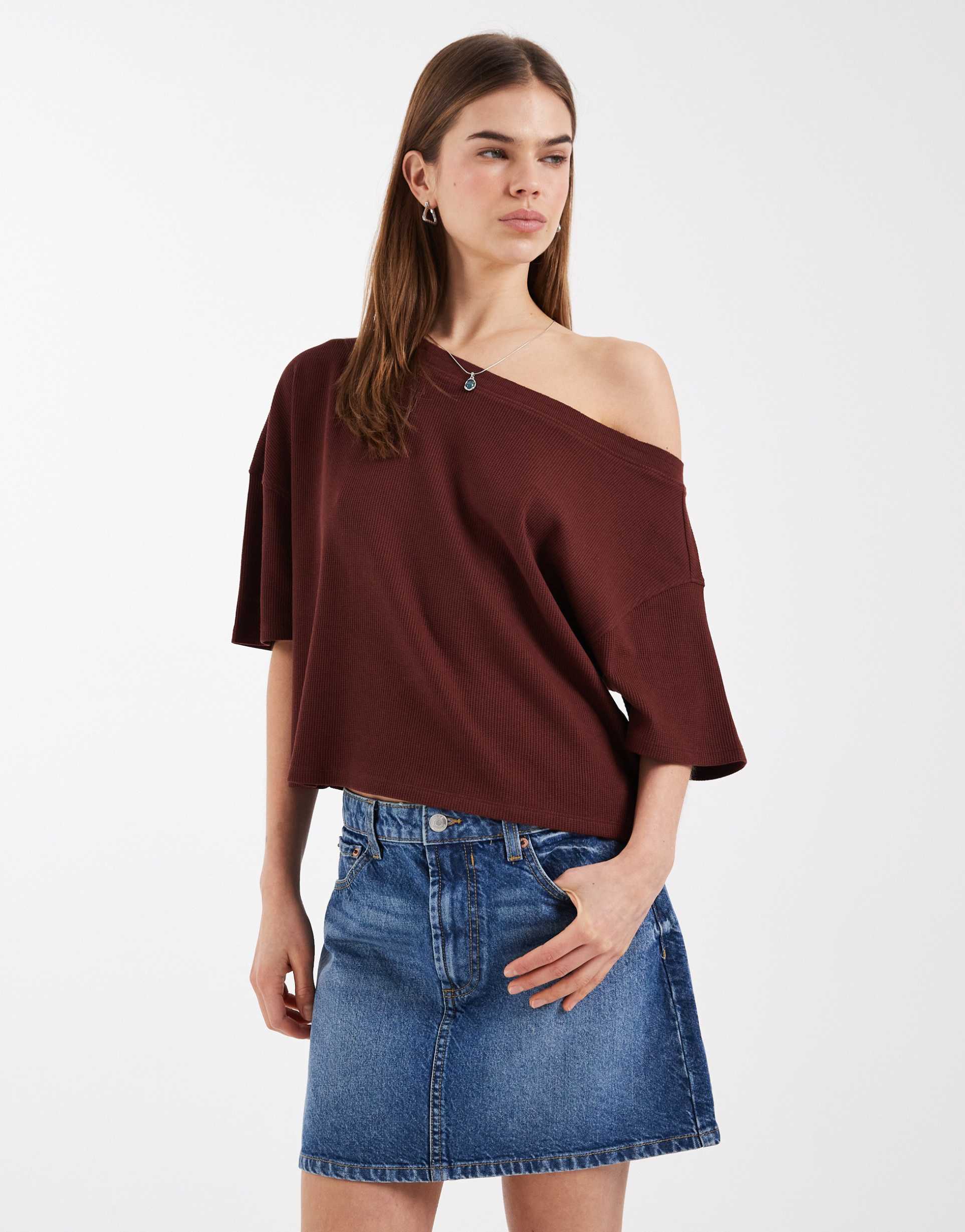 asos design boxy off the shoulder waffle knit t-shirt in chocolate