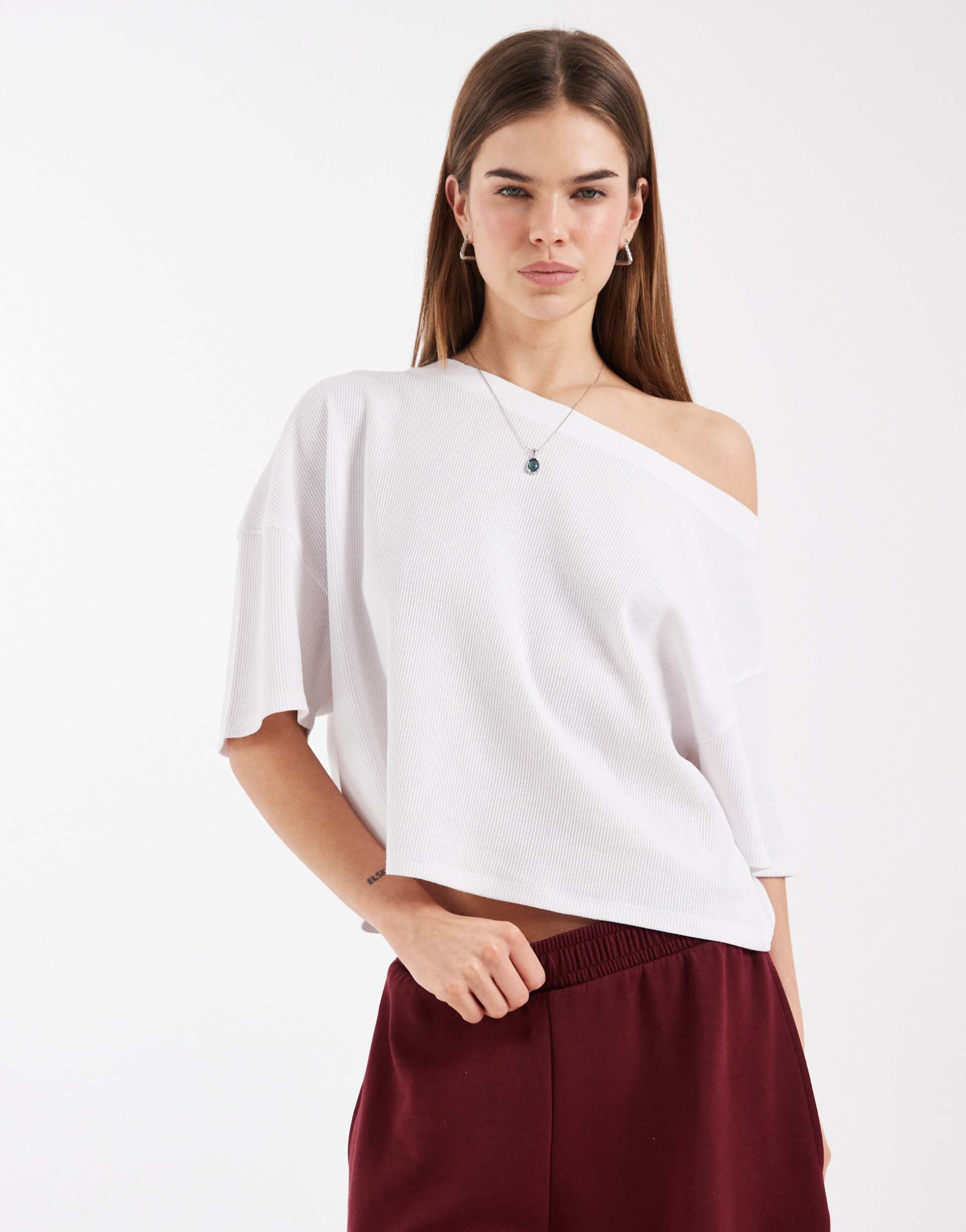 asos design boxy off the shoulder waffle knit t-shirt in white