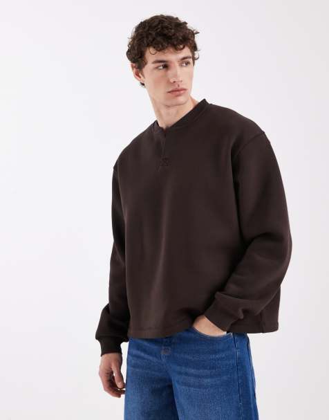 ASOS DESIGN boxy open henley neck sweatshirt in brown - view 1